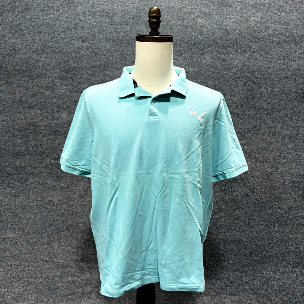 Puma Mens XL Aqua Blue Polo Shirt White Cat Logo Short Sleeve Golf Casual